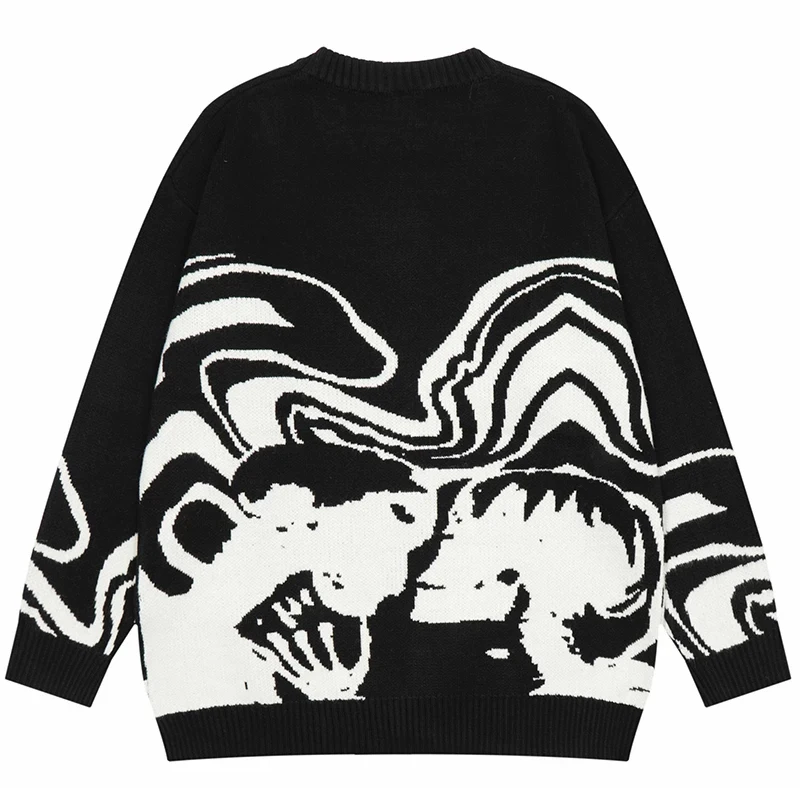 Mens Streetwear Sweater Retro Painting Skull Graphic Hip Hop Knitted Sweaters Y2k Jumpers Pullover Casual Wool Sweater Hipster