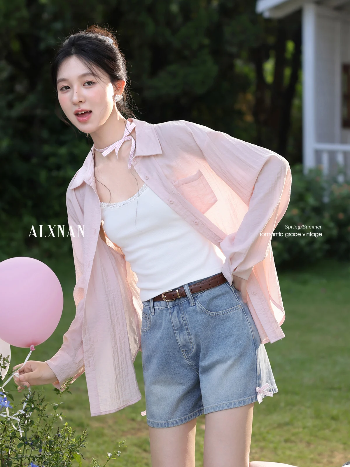 

ALXNAN Women's Shirt Pink Elegant Thin Sunscreen Long Sleeve Shirts 2025 Summer New Casual Loose-fit Office Lady Blouses L560113
