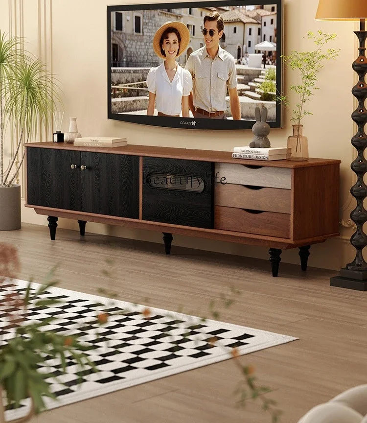 

yj19 New Light Luxury French Retro Floor-standing TV Cabinet Vintage Style All Natural Wood
