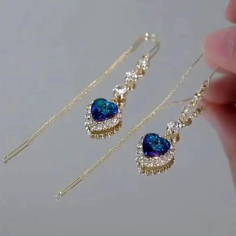 

Stylish New Blue Heart Shaped Rhinestone Long Tassel Earrings For Ladies Elegant Delicate Wedding Party Jewelry