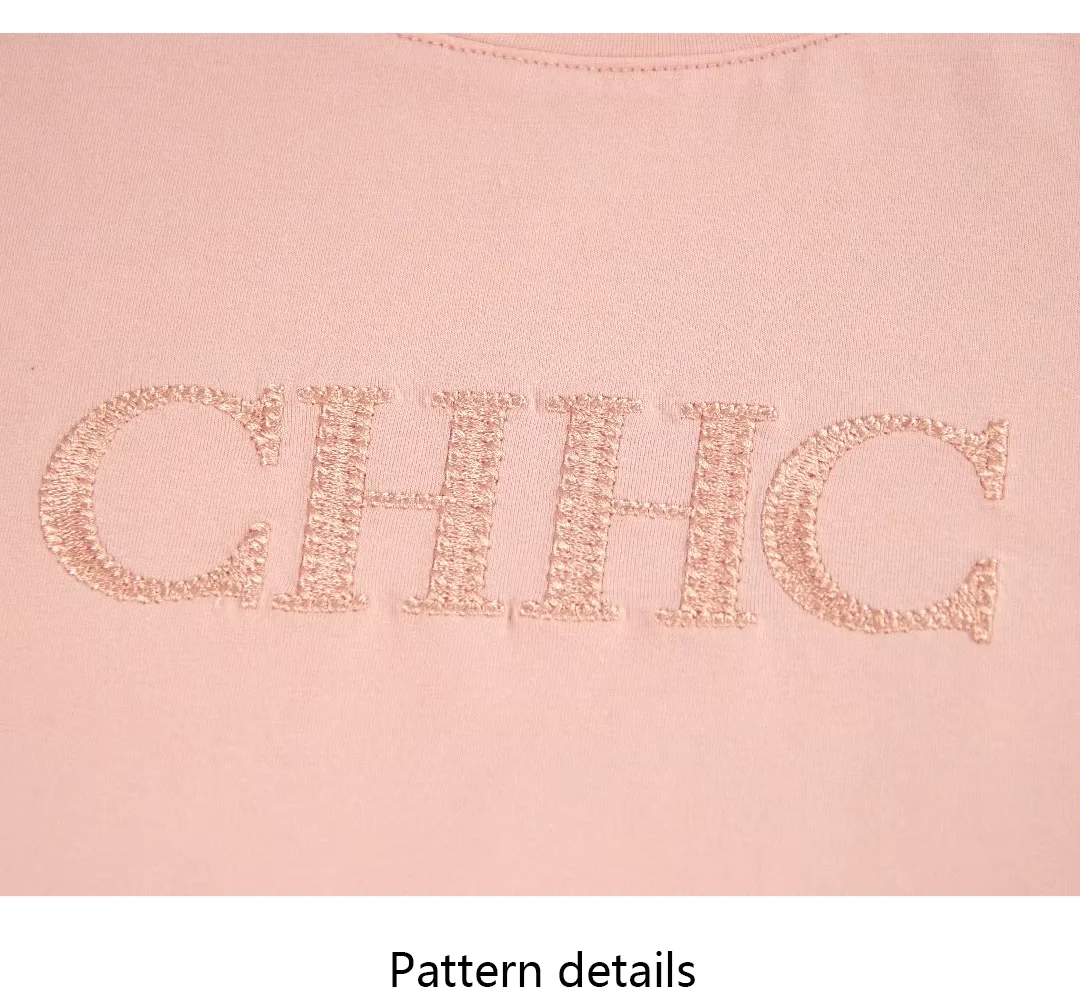 CH Damen-T-Shirt aus rosa Baumwolle mit gesticktem Schriftzug, kurzärmelig, lässiges Sommer-Basic-Top – Detail 8
