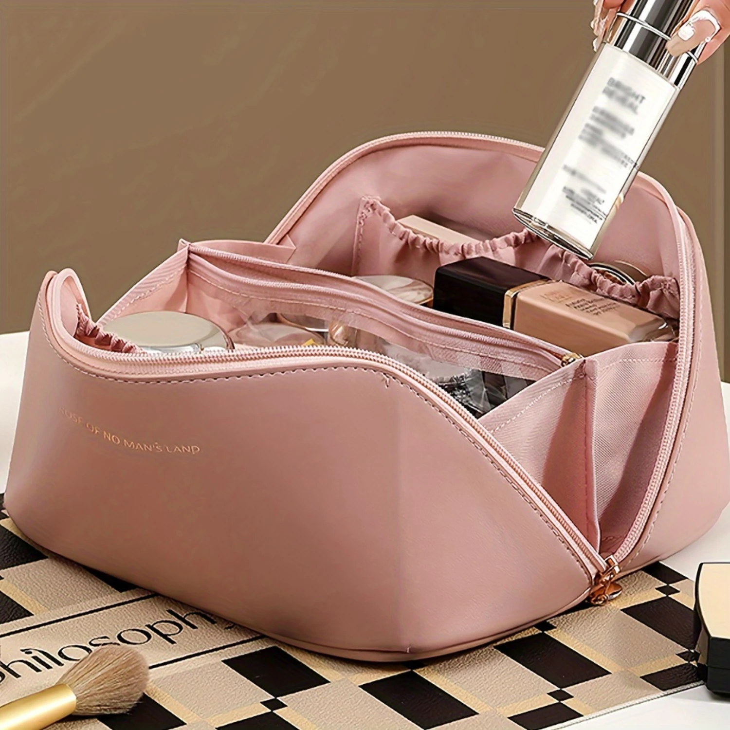 1pc Portable Cosmetic Bag For Makeup, Waterproof Travel Bag PU Leather Skincare Bag Toiletry Bag Big Makeup Bag, Aesthetic Room 