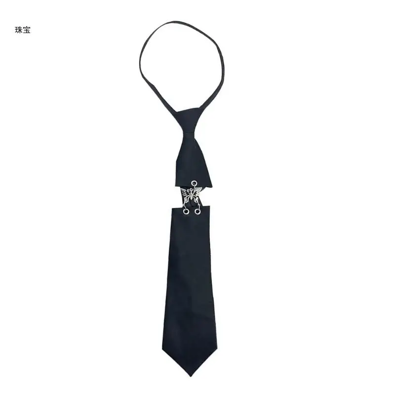 

X5QE Women Men Japanese Student Adjustable Pre Tied Tie Punk Metal Butterfly Link Black Necktie Uniform Neckwear Shirt Collar