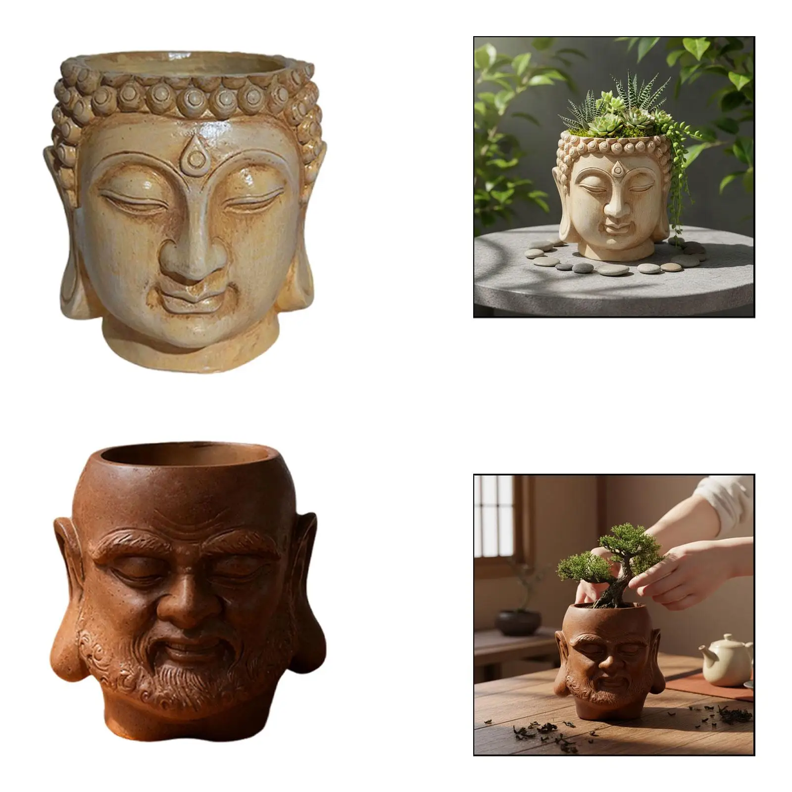 Buddha Head Flower Pot Plant Pot Gift Statue Sculpture with Drainage Hole Indoor Plants Figurine Decorative Chinese for Desk