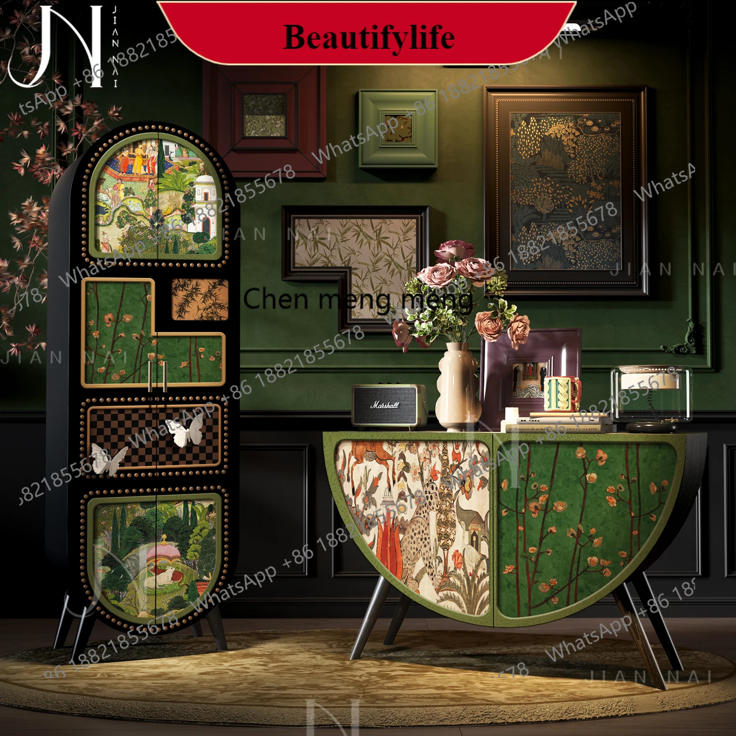 

G153 French retro solid wood semi-round entrance cabinet living room against the wall for storage integrated dining room wine ca