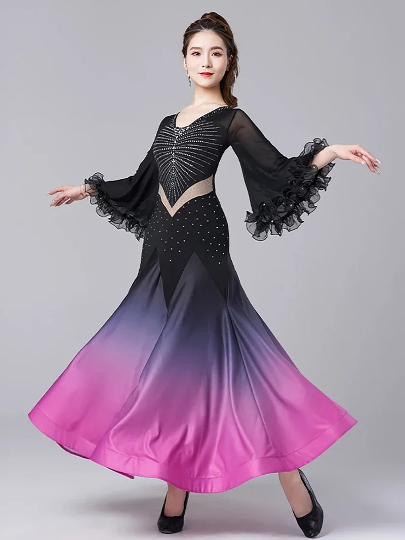 Women Rhinestone Modern Standard Dance Latin Waltz Gradient Flower Wave Wide Cuffs Big Swing Dress Practice Performance Costume