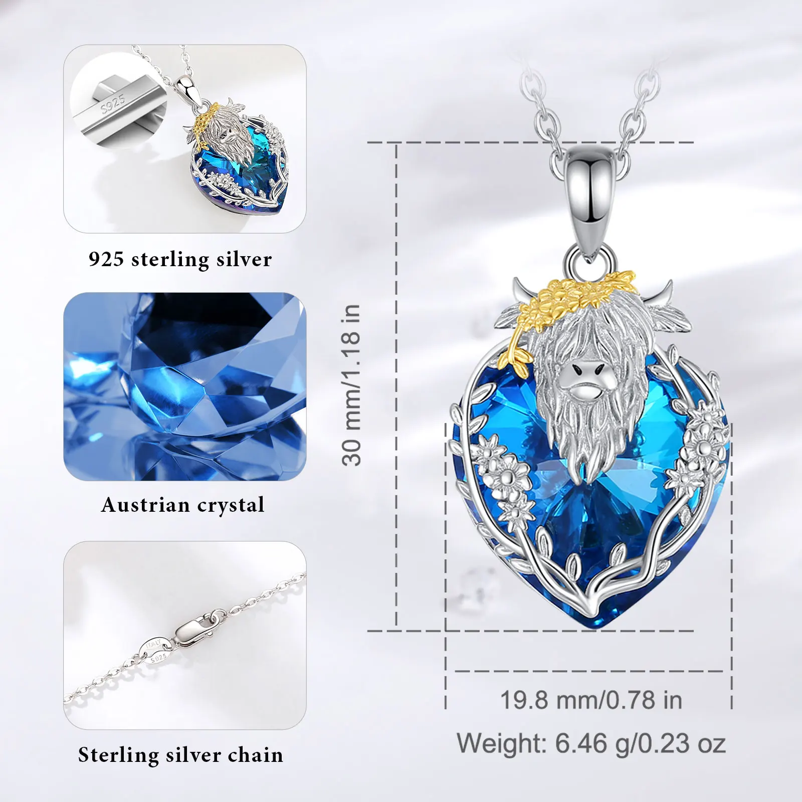 Eudora 925 Sterling Silver Highland Cow Necklace for Women Men Luxurious Austrian Crystal Charm Necklace Animal Jewelry Mom Gift