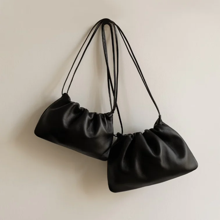 Cloud Shape Shoulder Crossbody Bag Single Strap Drawstring Closure Leather Pouch Women's Handbag Stylish Folded Texture
