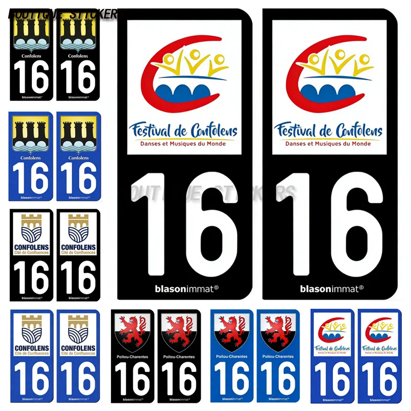 

2Pcs Autocollant plaque d'immatriculation française noir bleu 16 Confolens-Festival-Commune-Poitou-Charentes-Armoiries PVC