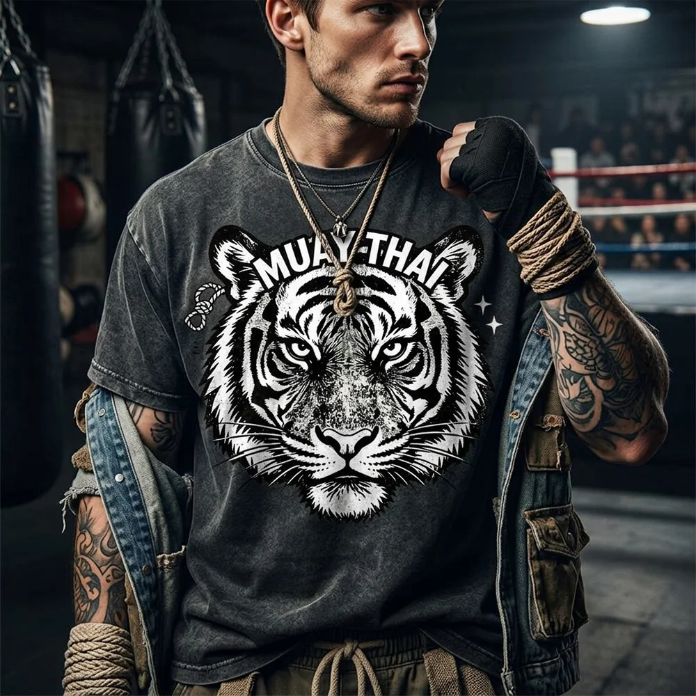 Men  Vintage MUAY THAI Tiger Graphic T Shirt Washed Cotton Oversized Short Sleeve Green Boxing Martial Arts Loose Tops