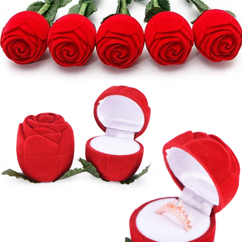 

Red Rose Flower Velvet Jewelry Storage Box Engagement Ring Display Case Holder