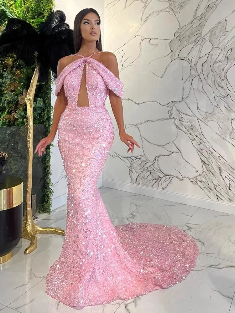 2024 Sexy Off Shoulder Mesh Cut Out Sequins Maxi Dress Women Pink Sequin Straps Long Dresses Elegant Evening Party Celebrity