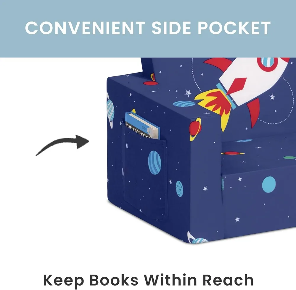 2-in-1 어린이용 소파 겸 침대, 폼 소재, 얼룩 방지 세탁 가능 커버, 사이드 포켓, 우주 테마