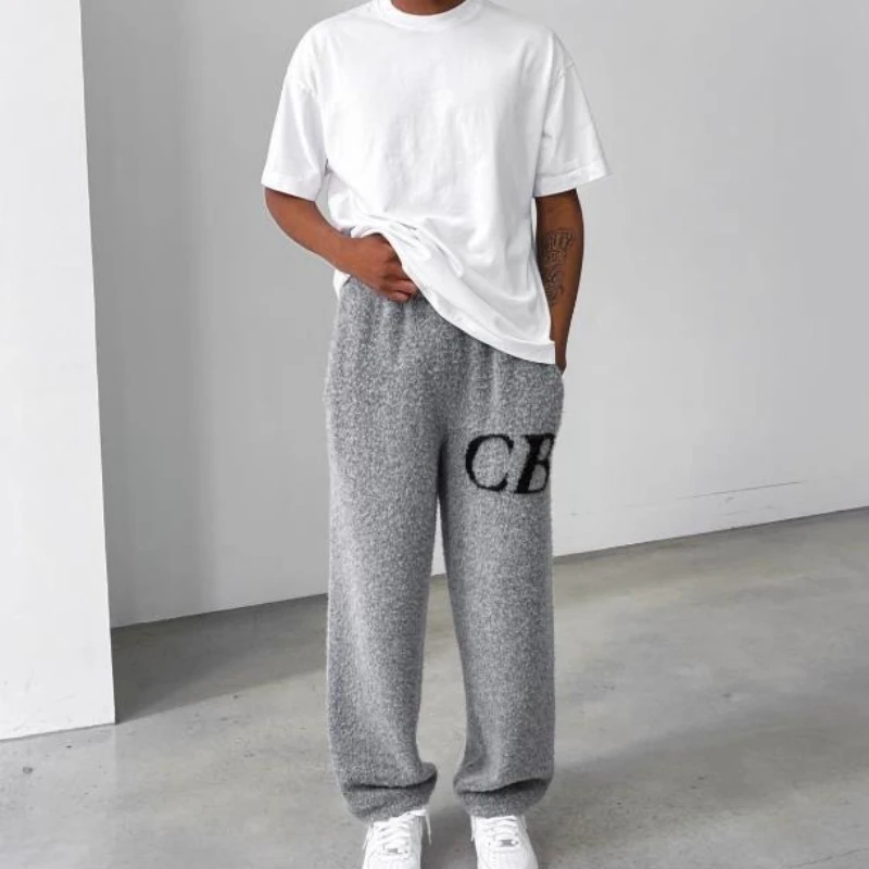 Top quality simple tide letters CB jacquard loose wool pants men and women lazy style round neck sweater knitting set