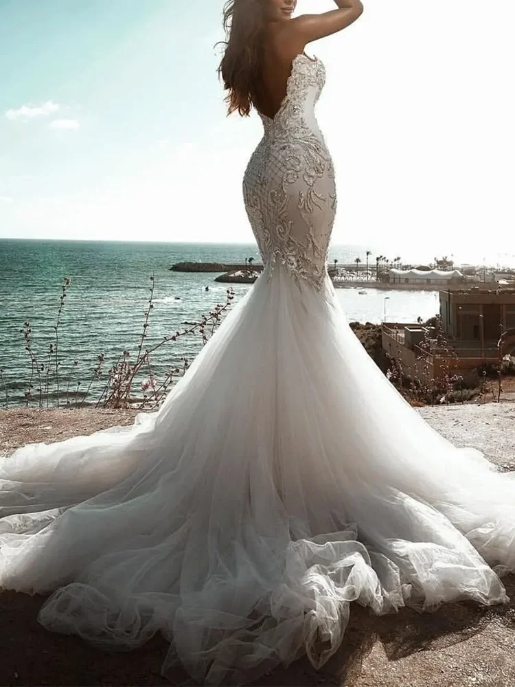 럭셔리 스트랩리스 아플리케인 레이스 포멀 이브닝 드레스, 스윕 트레인 인어 파티 무도회 가운, 맞춤형