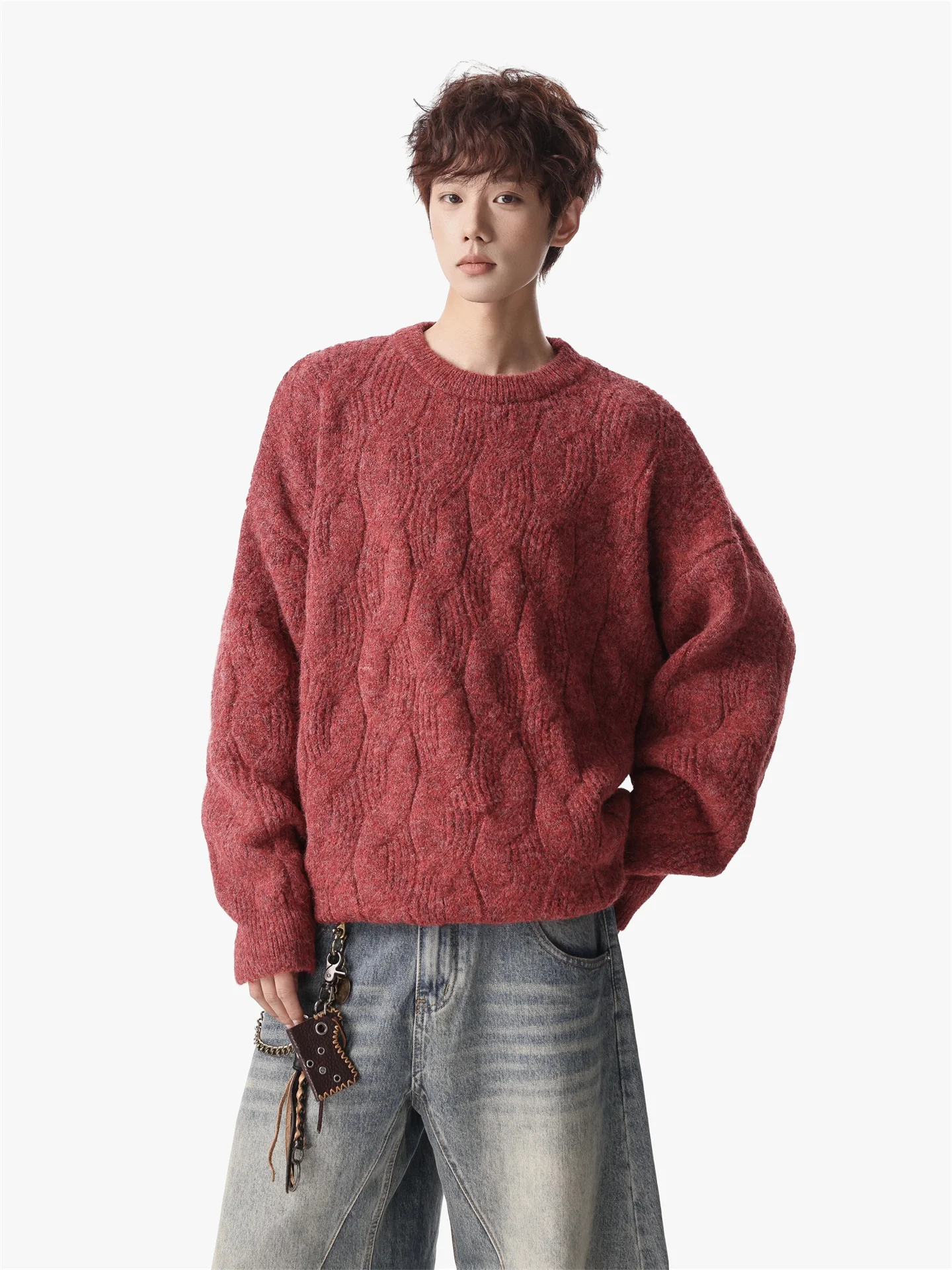 

Мужской вязаный свитер American Style: утепленный, осенне-зимний, винтажный, с узором косы, повседневный, однотонный, с круглым вырезом, теплый