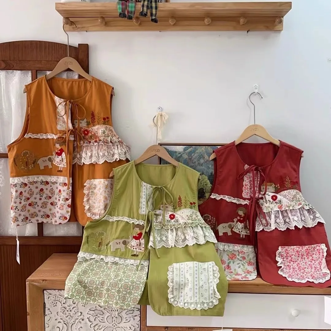 

Винтажный хлопковый лоскутный жилет с вышивкой, женский японский стиль Мори для девочек, кружевной жилет без рукавов с рюшами и цветами, топ, повседневное пальто