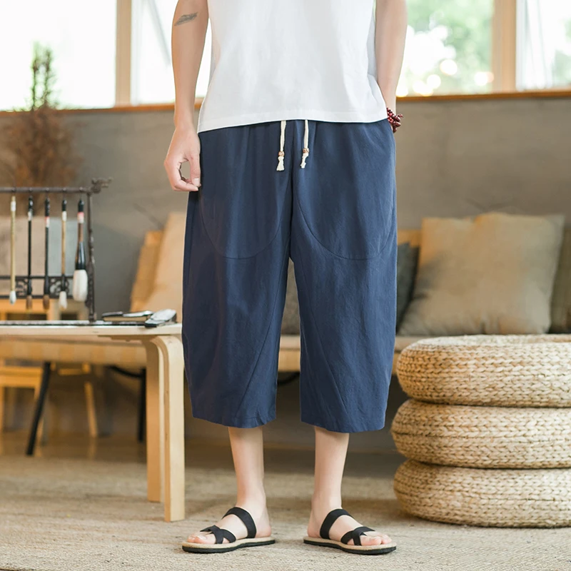 Loose Cotton Linen Men's 7/8 Pants Summer Casual Wide Leg Short Shorts Breathable Comfortable Beachwear Youth Vitality Style