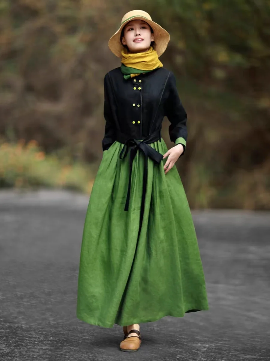 高級綿麻Aラインドレープエスニック風アーティスティックヴィンテージ春新作ファションレディースロングミディスカート