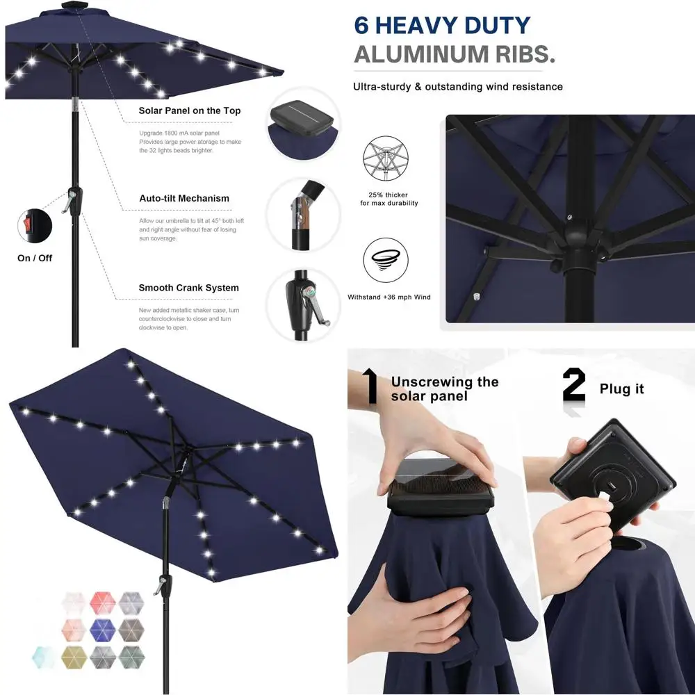 

Stylish 7.5FT Navy Blue Solar LED Patio Umbrella with 24 Lights and 6 Ribs