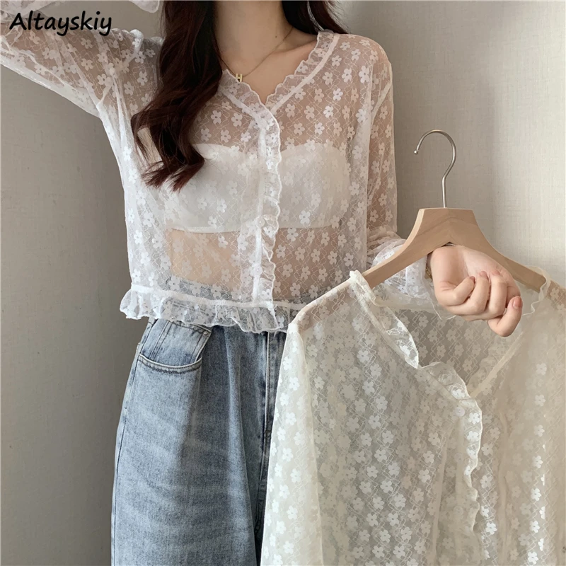 

Shirts Woman Casual Korean Style Office Ladies Sheer Top Summer Floral Lace Holiday Sunscreen Long Sleeve Fashion Simple Sweet