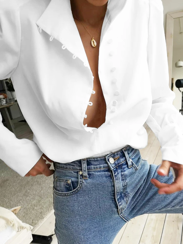 Mnealways18 Stand Collar Office Blouse Women Casual Puff Sleeve Work Shirts White Ladies Single-Breasted Top Autumn Fashion 2024