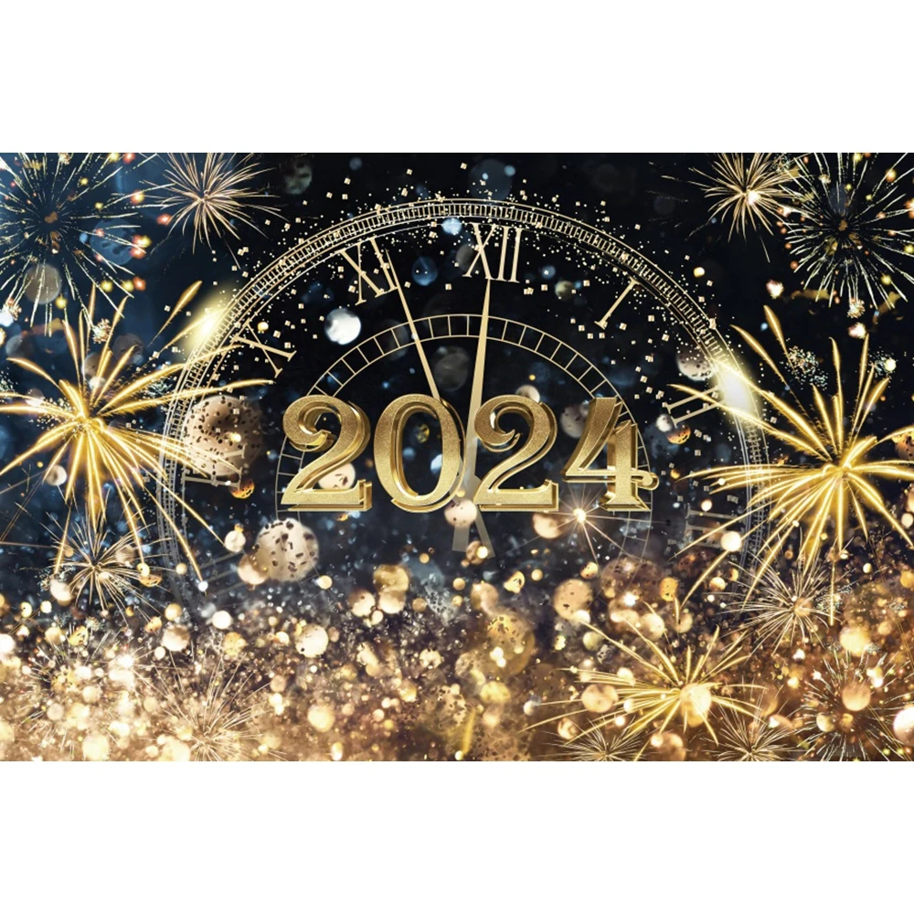 Happy New Year For 2024 Fireworks Photography Backdrop Gold Glitter Family Party Decoration Photographic Background Photo Props