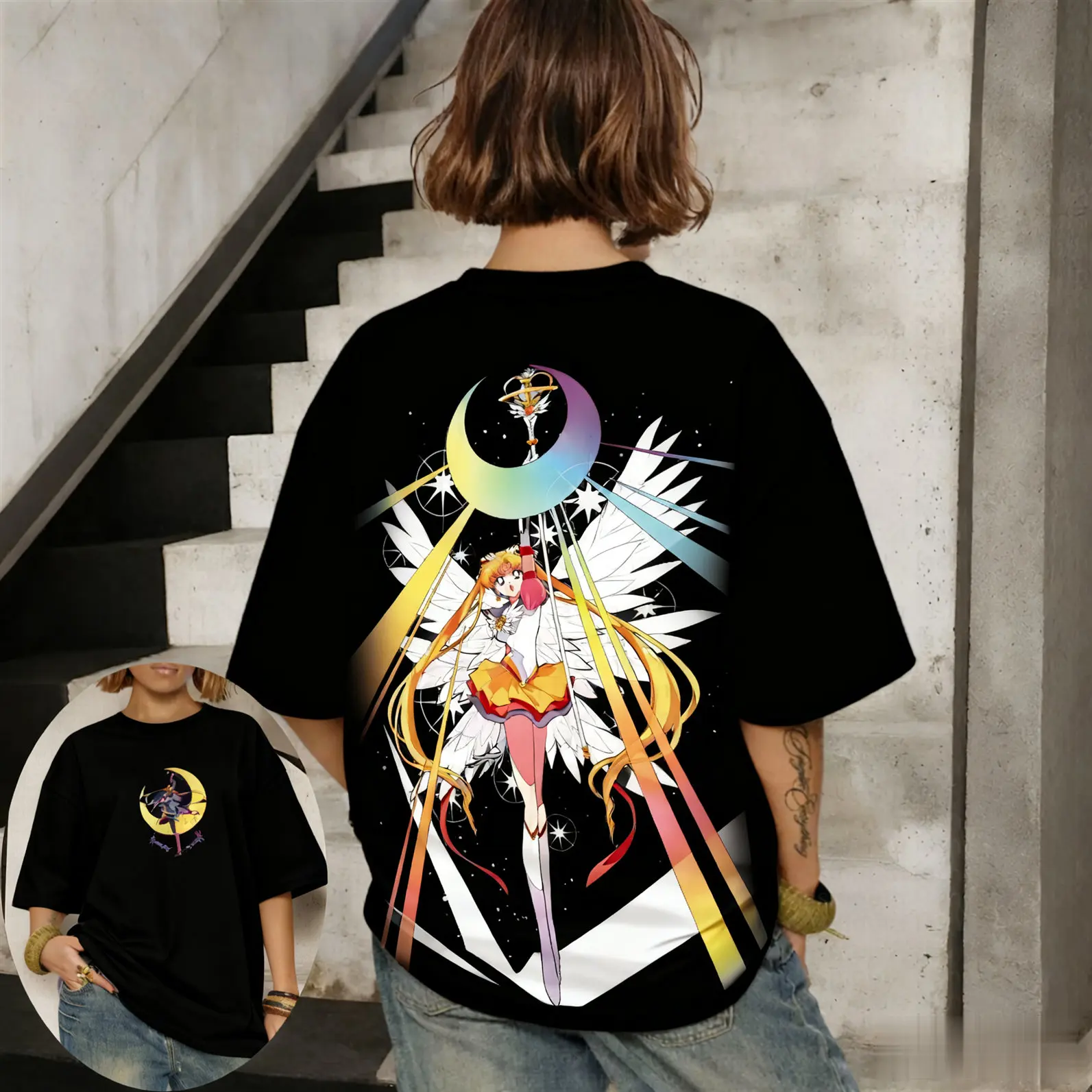 Sailor Moon Serena Lässiges Damen-Eltern-Kind-Trend-Kurzarm-T-Shirt Frühling und Sommer Übergroßes, bequemes, lockeres Y2k-Top