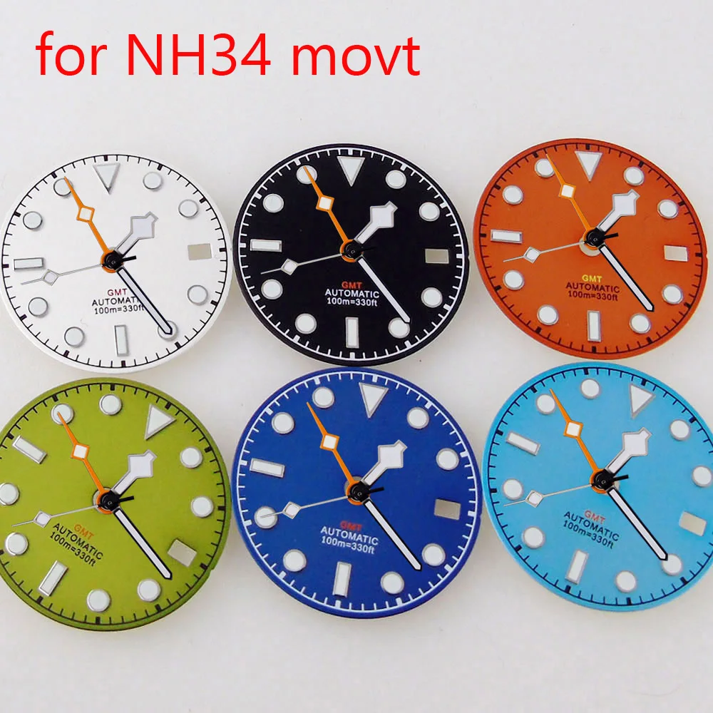 Luminous Master Watch Dial 29mm for NH34 GMT SEIK Movt Diver Mod Watch Parts Orange Snow Flake Hand