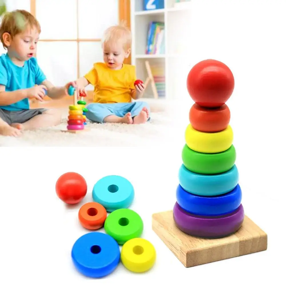 Rainbow Stacker Wooden Ring Educational Toy Kids Tower Stack Up Blocks Color Shape Game Baby Montessori Toys for Children Gifts