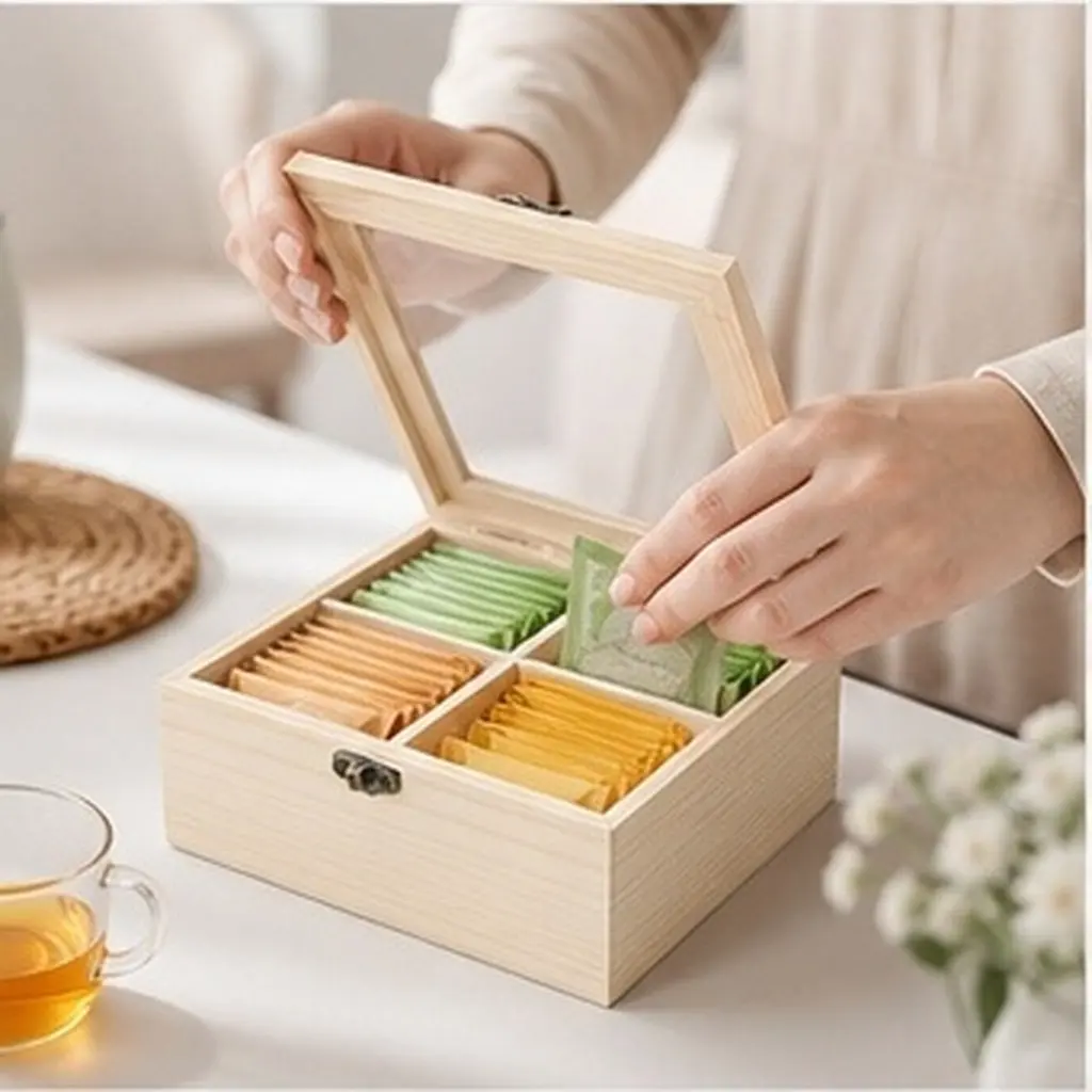 Wooden Tea Bag Storage Box with 4 Compartments & Clear Window for Coffee, Tea Sachets – Natural Kitchen Organizer