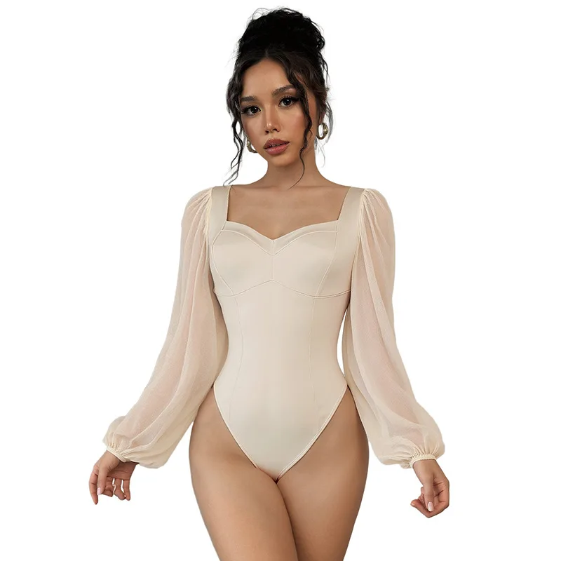 Herfst 2025, nieuwe vrouwen sexy retro elegante joker jumpsuit nauwsluitende lange mouwen effen kleur vierkante hals mesh jumpsuit