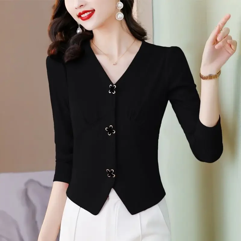 

Elegant V-Neck Solid Color Spliced All-match Folds Blouse Women's Clothing Autumn New Casual Pullovers Loose Commute Shirt E497