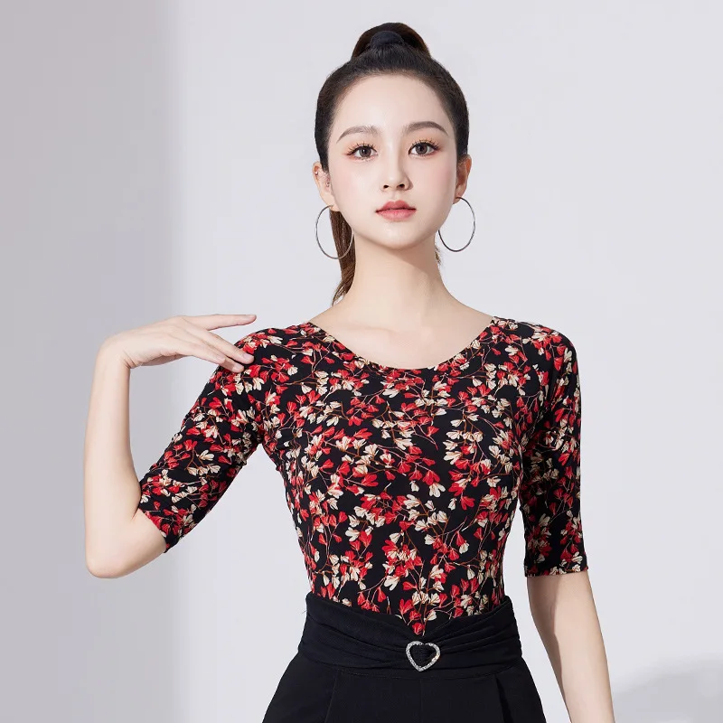 Top de práctica de baile para mujer, ropa de baile ajustada, ropa de entrenamiento de baile latino moderna de manga corta estampada