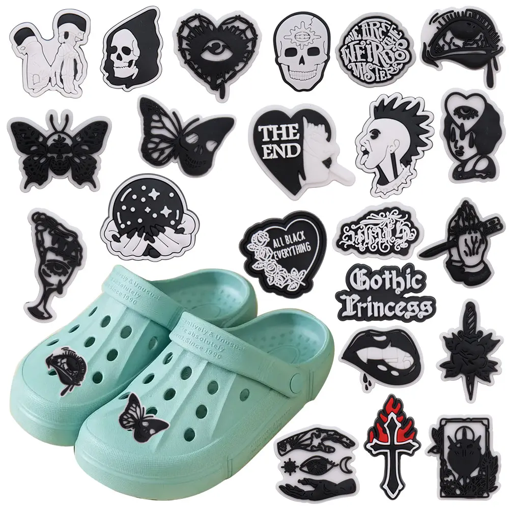 1pcs Black Punk Skull Cross Moth Knife Crystal Ball PVC Shoe Decoration Sandals Buckle Clog Charms Diy Wristbands Adult Gift