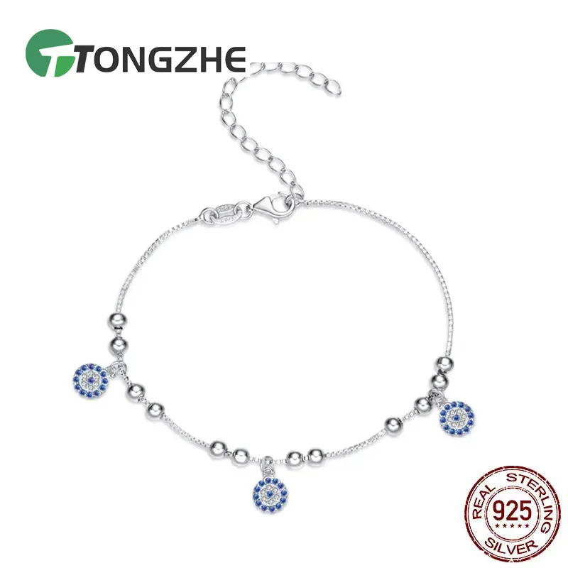 

TONGZHE Authentic Women Bracelet Sterling Silver 925 CZ Blue Round Beads Evil Eye Bracelet Turkish Bracelets Fine Jewelry