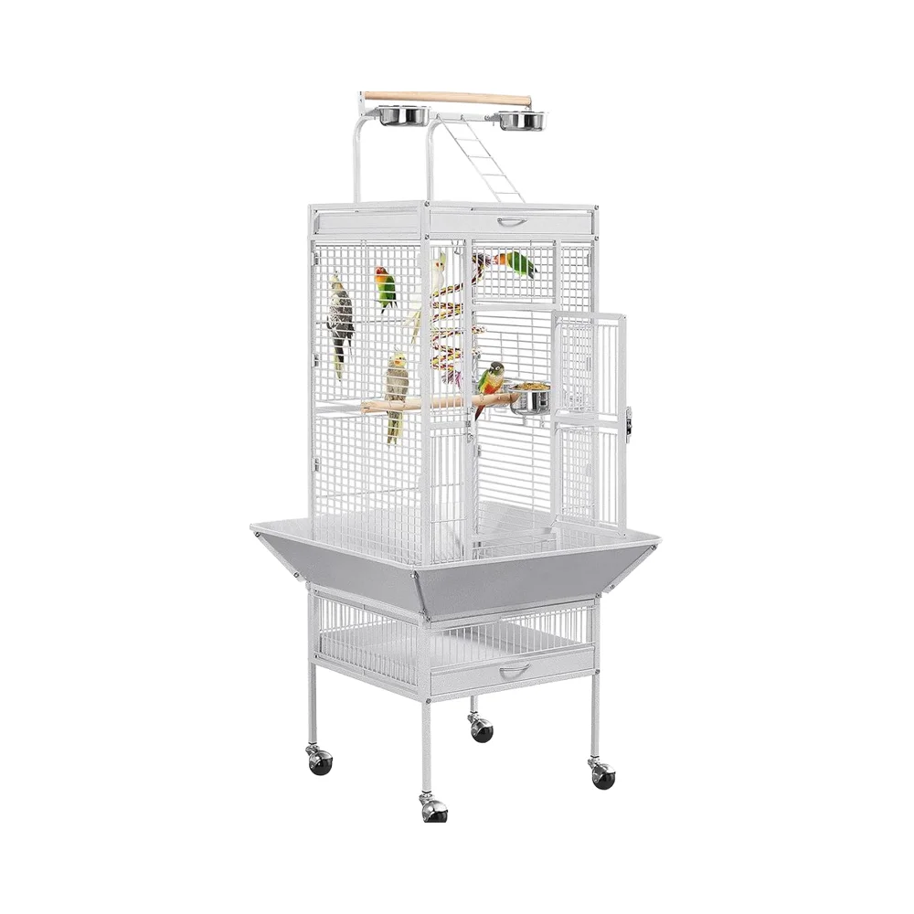 

61-Inch White Playtop Wrought Iron Bird Cage Rolling Stand Large Parrot Quaker Canary Cage Button Closure Plastic Tray Pallet
