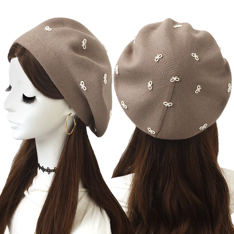 Damska kolorowa perłowa kokardka kaszmirowe berety kapelusz moda jednokolorowa dzianina Casual berety damskie francuski artysta zwykła czapka typu beanie