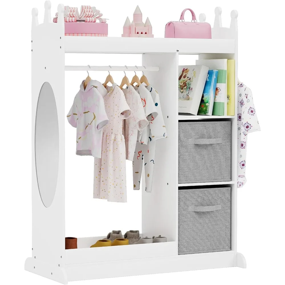 

Kids Dress Up Storage with Full-Length Mirror, Kid's Wardrobe with Clothes Rack, 3-Level Shelves, Bottom Storage