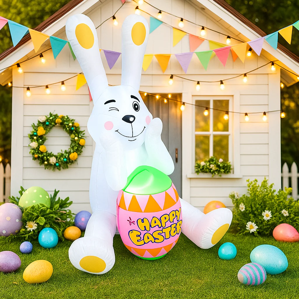 1.5M/5FT Happy Easter Opblaasbaar Speelgoed Knuffel Gezicht Konijn met Ei Outdoor Yard Tuin Infatable Model Ornamenten Huizen decor Gift