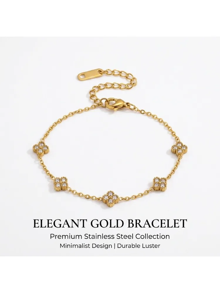 Luxuriöses Goldfarbenes Blumen-Zirkon-Armband - Edelstahl-Schmuck für Frauen, Hypoallergenes Geschenk & Party-Armreif Accessoires