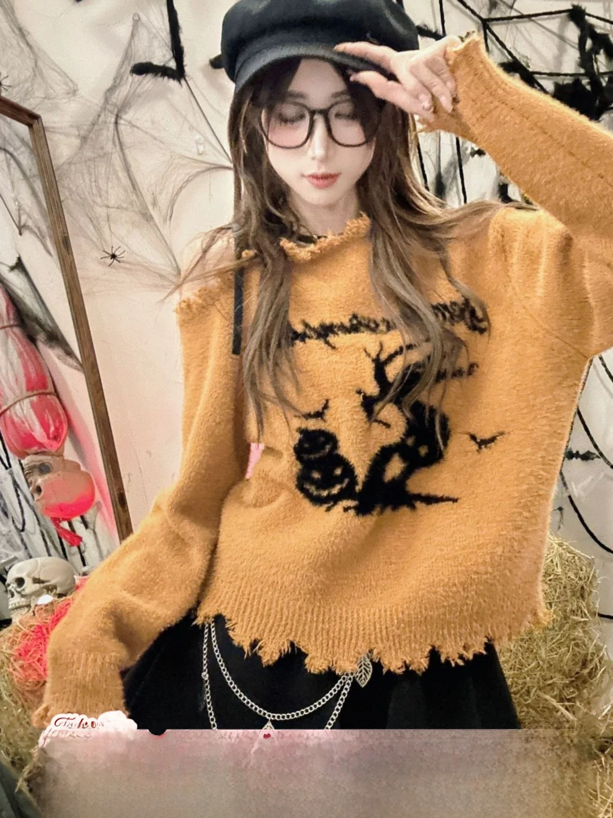 

loween Witch Pumpkin oulder Bared Knitted Sweater Women's Autumn Winter Orange Pure Desire Loose Fit Long Sve Top