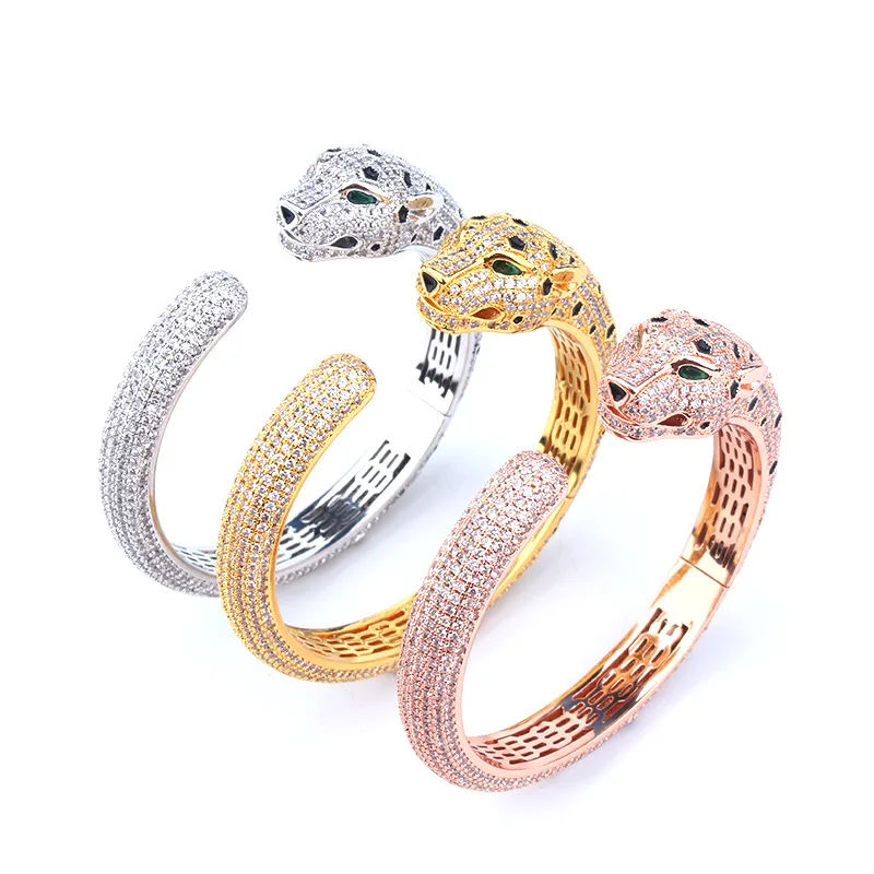 Europe America Fashion Style Men Women Lady Plated Gold Color Black Spots Inlay Green Zircon Leopard Open Ring Bracelet Bangle