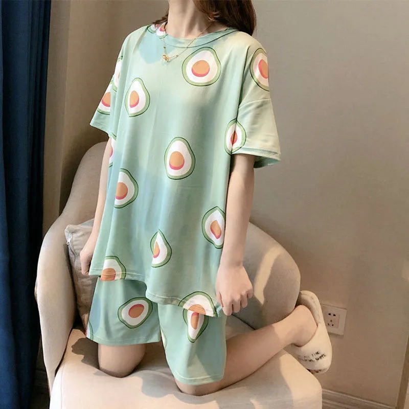 White Light Green Pink Giraffe Smile Face Avocado Pattern Print Soft Loose Comfortable Summer Piiama 2 Pieces Night Wears