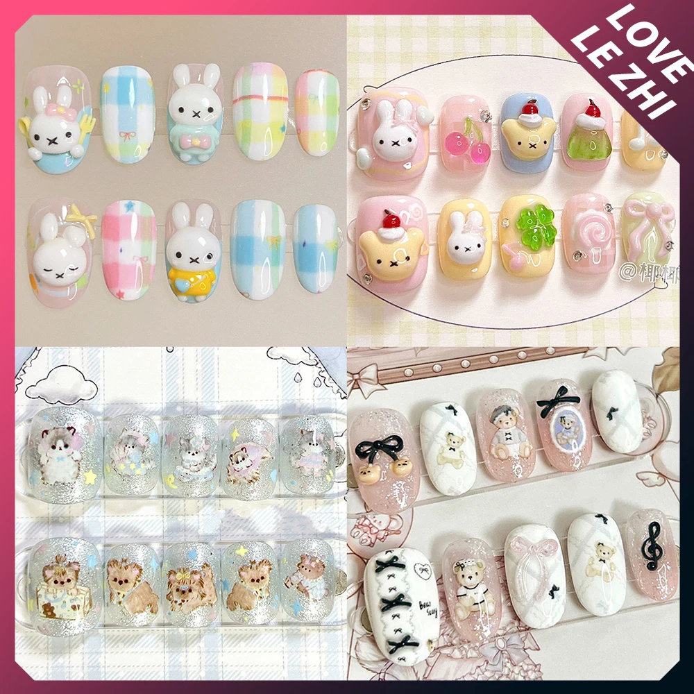 

Kawaii Cartoon Rilakkuma Rabbit Bear Handmade Press On Nails Bowknot Strawberry Cake Cherry Star Reusable Nail Party Sticker