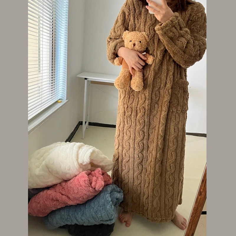 Winter Thicken Coral Velvet Nightgown Women Soft Warm Loose Long Night Dress with Pocket Comfort Pajamas Nightdress Sleepwear