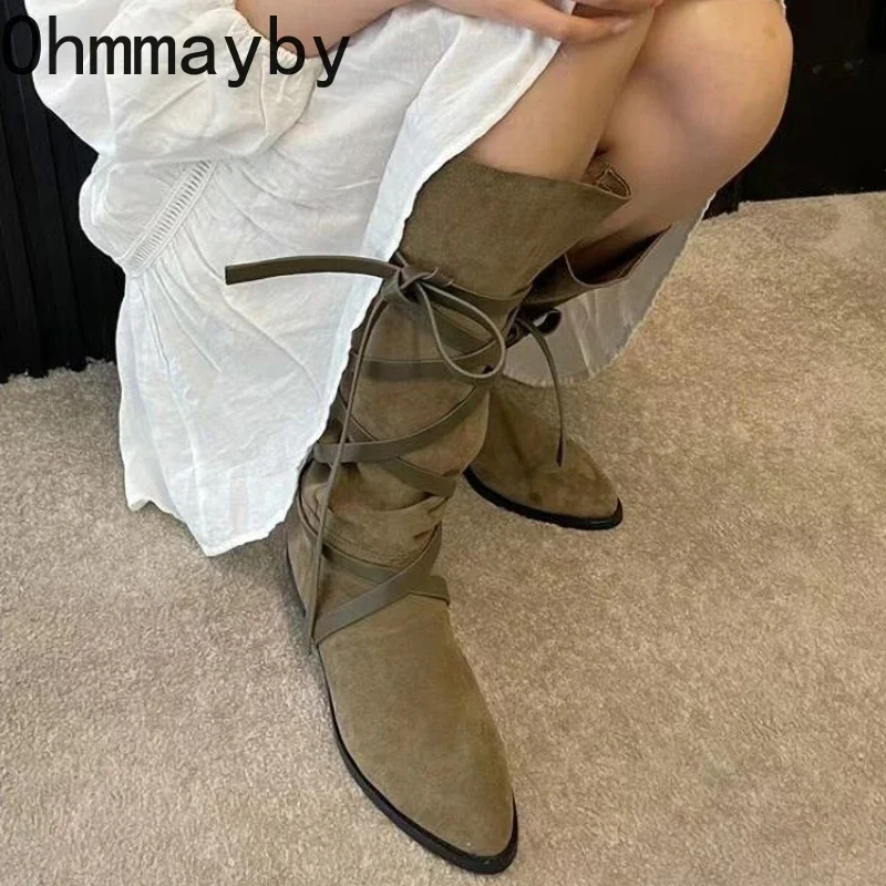 Spring Autumn Women Western Cowgirl Boots Fashion Cross Strap Pointed Toe Shoes Vintage Thick Heel Ladies Long Booties