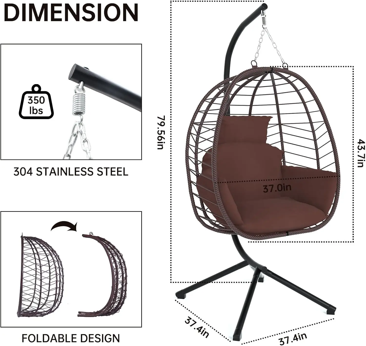 Hanging Egg Chair with Stand Patio Hammock Swing Chair, Basket Wicker Rattan Adjustable Height UV Resistant Indoor Outdoor Use