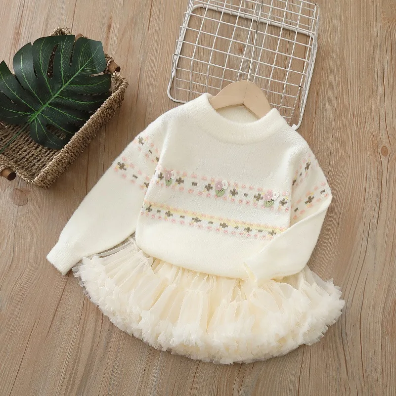 

Платье для девочек, комплекты одежды, осенне-зимние детские шерстяные трикотажные свитера, топы, юбки, детский костюм принцессы для малышей, вязаная одежда