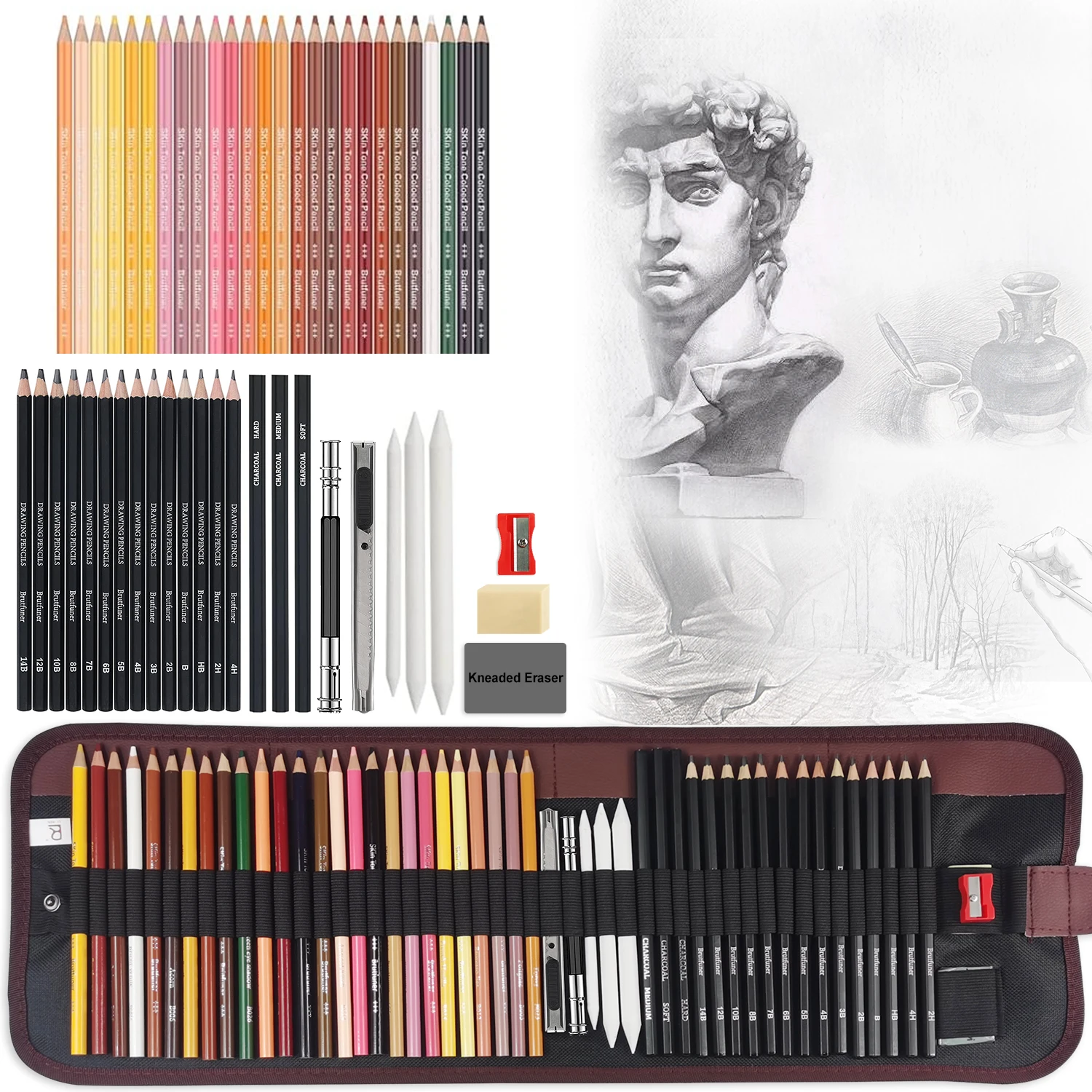 52Pcs Drawing Kit Sketching Pencils Colored Pencils,Portable Pen Curtain-Charcoal Pencils,Charcoal Stick,Eraser,Colored Pencils